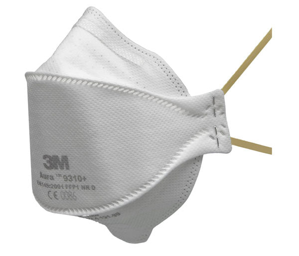 3M 9310+ Aura unvalved, flat-fold disposable respirator providing FFP1 protection.