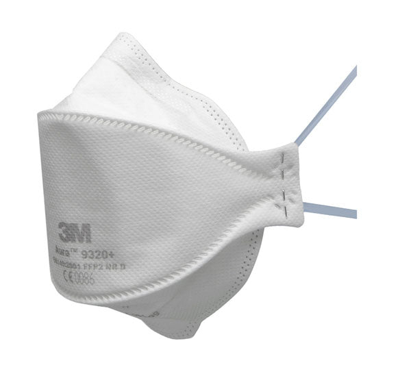 3M 9320+ Aura unvalved flat-fold respirator, FFP2 rated, shown in its folded state.