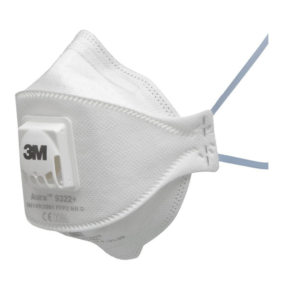 3M 9322+ Aura valved flat-fold respirator, rated FFP2, shown folded and flat.