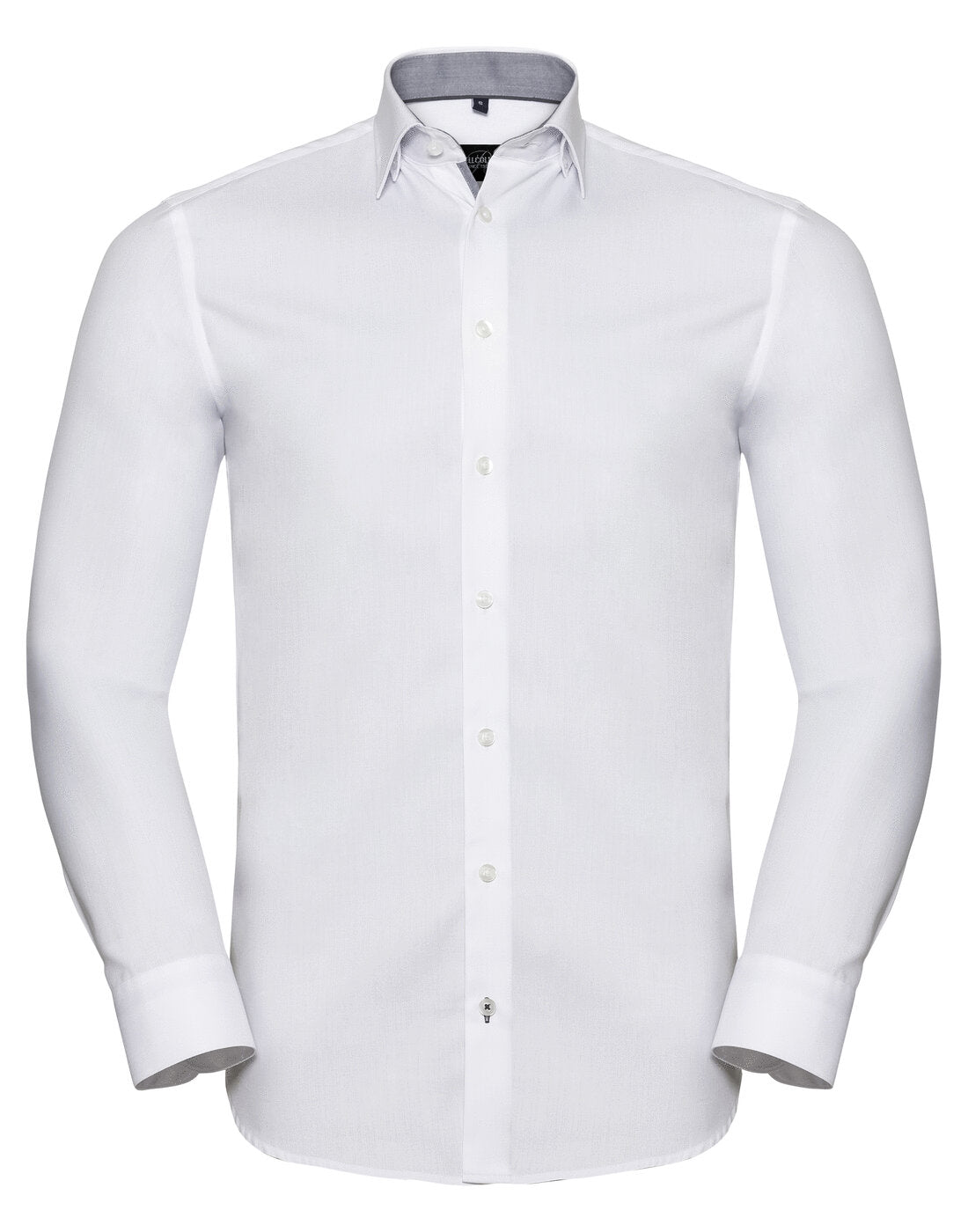 Russell Long Sleeve Tailored Contrast Herringbone Shirt - White/Silver/Convoy Grey