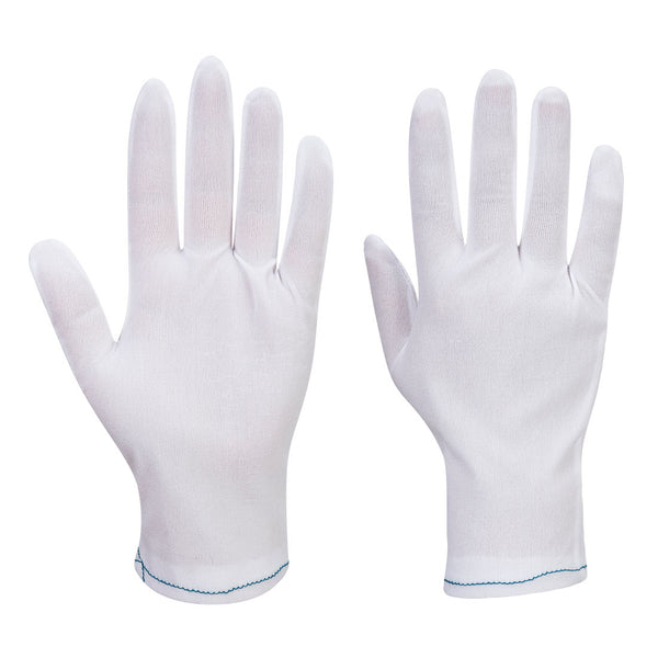 Pair of white Portwest A010 Disposable Vinyl Gloves, one shown on a hand.
