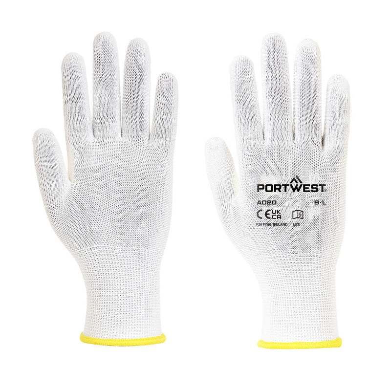A pair of white Portwest A020 assembly gloves.