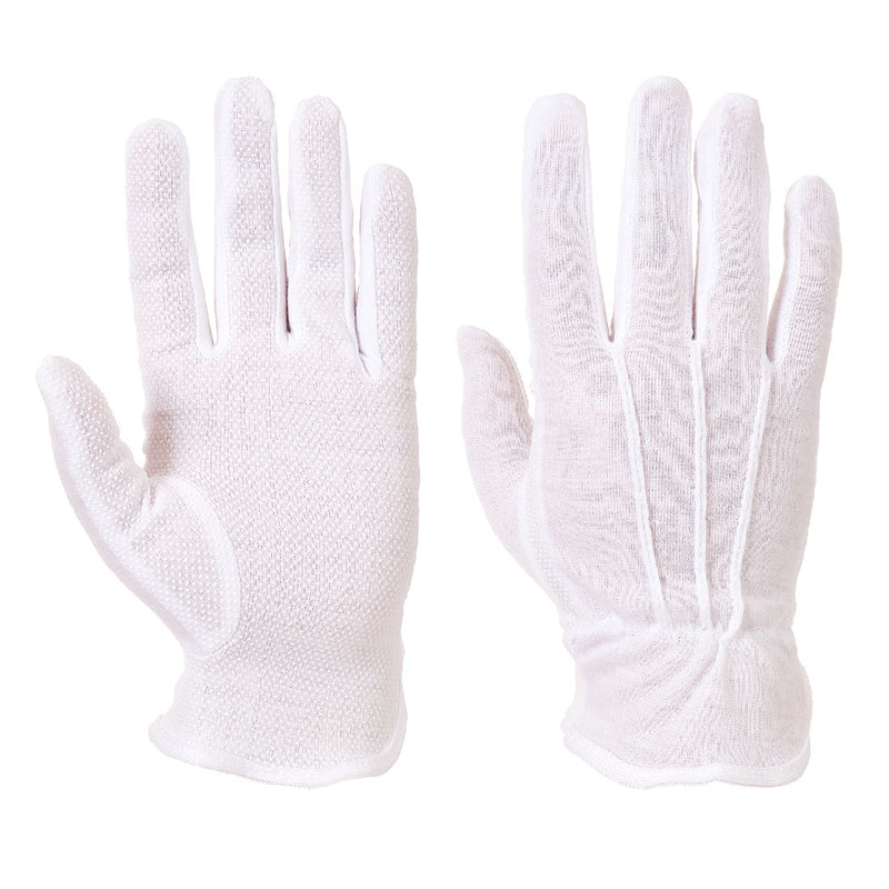 Two white Portwest A080 Vinyl Disposable Gloves shown on a flat surface.