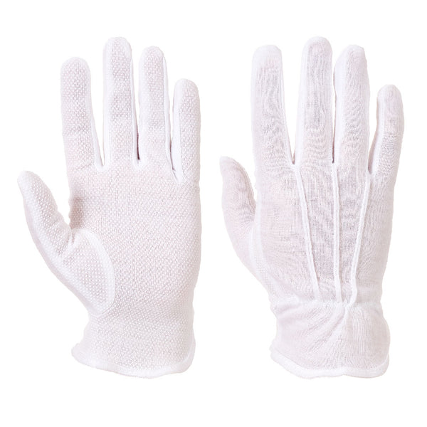 Two white Portwest A080 Vinyl Disposable Gloves shown on a flat surface.