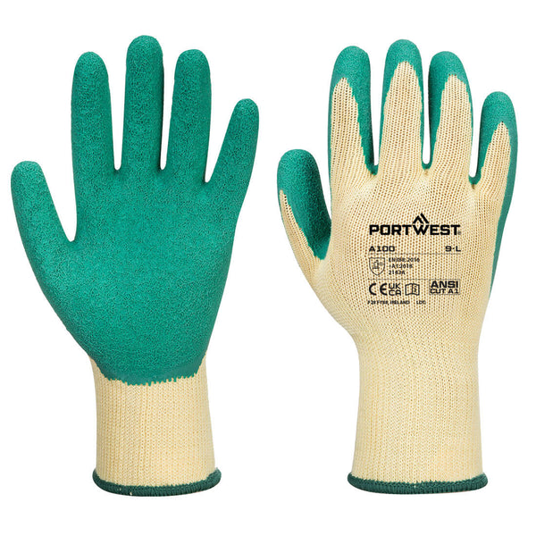 Green and withe Portwest A100 PU Palm Glove on a white background.
