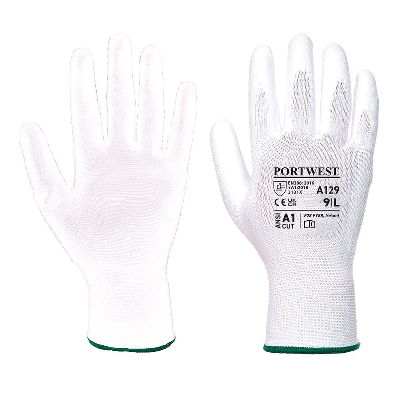 A pair of white Portwest A129 PU palm gloves.