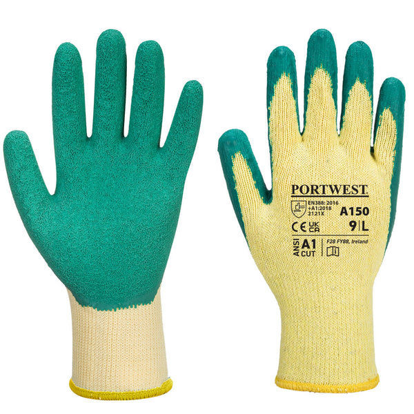 Green Portwest A150 Latex Coated Grip Glove on a white surface.