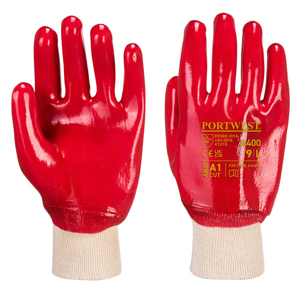 Red Portwest A400 PVC Knit-Wrist Glove for handling liquids.