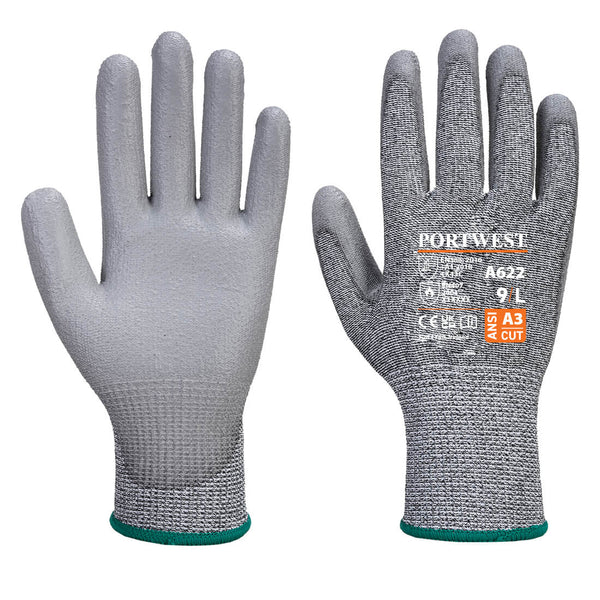 Close-up of Portwest A622 Cut-Resistant Glove in grey, showing the PU palm coating.