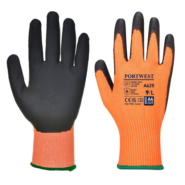 Orange and black Portwest A625 Nitrile Foam Cut-Resistant Glove, level D.