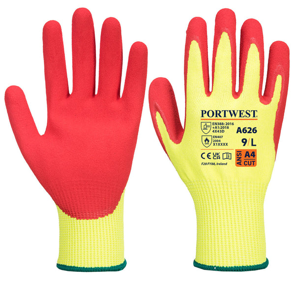 Hi-vis yellow Portwest A626 Latex Foam Cut-Resistant Glove, level D.