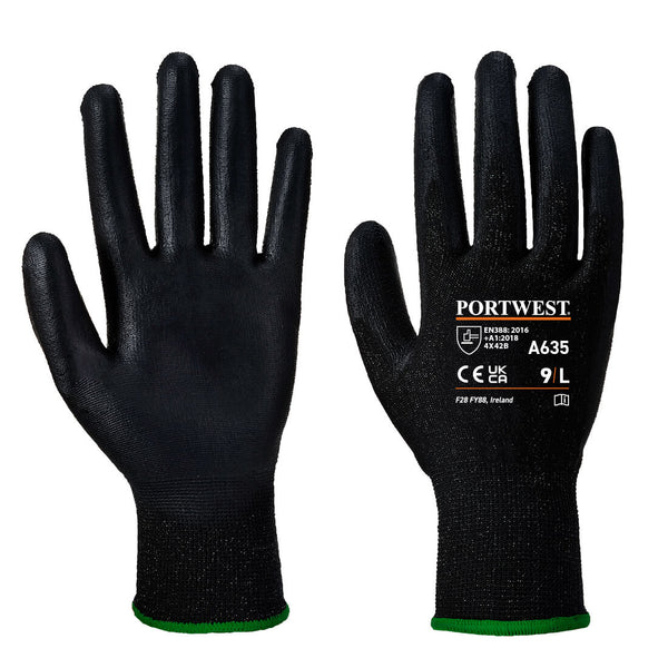 Black Portwest A635 PU Cut-Resistant Glove, cut level F.