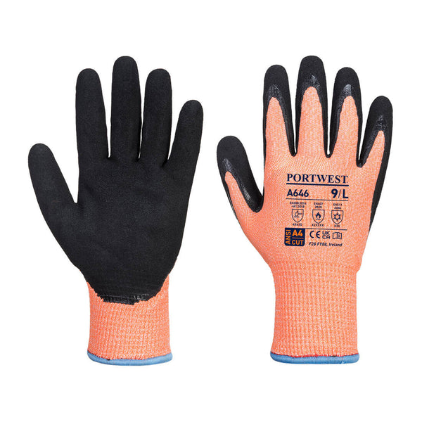 Orange and black Portwest A646 Dexti-Cut Latex Foam Glove, level F.