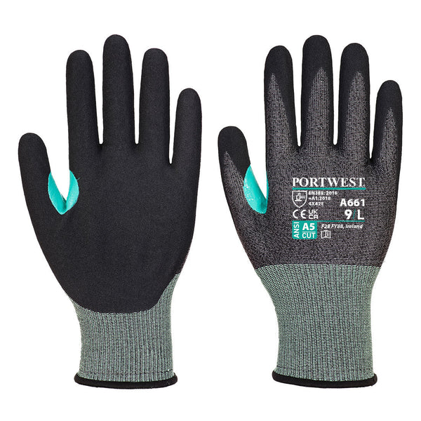 Black Portwest A661 Palm-Dipped Cut-Resistant Glove, cut level D.
