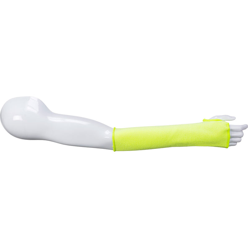 A yellow Portwest 14-inch cut-resistant sleeve, model A689YER.