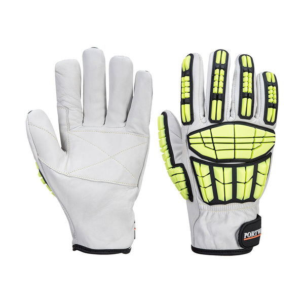 A pair of grey and green Portwest A745 Impact Pro Cut gloves.