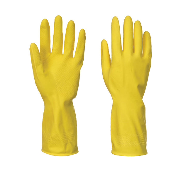 A pair of yellow Portwest household latex gloves.