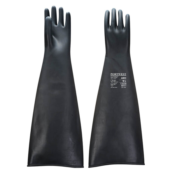 A pair of black, extra-long Portwest heavyweight latex gauntlets.