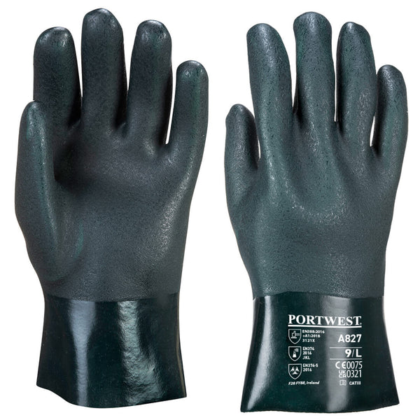 A pair of green Portwest double-dipped PVC gauntlet gloves.