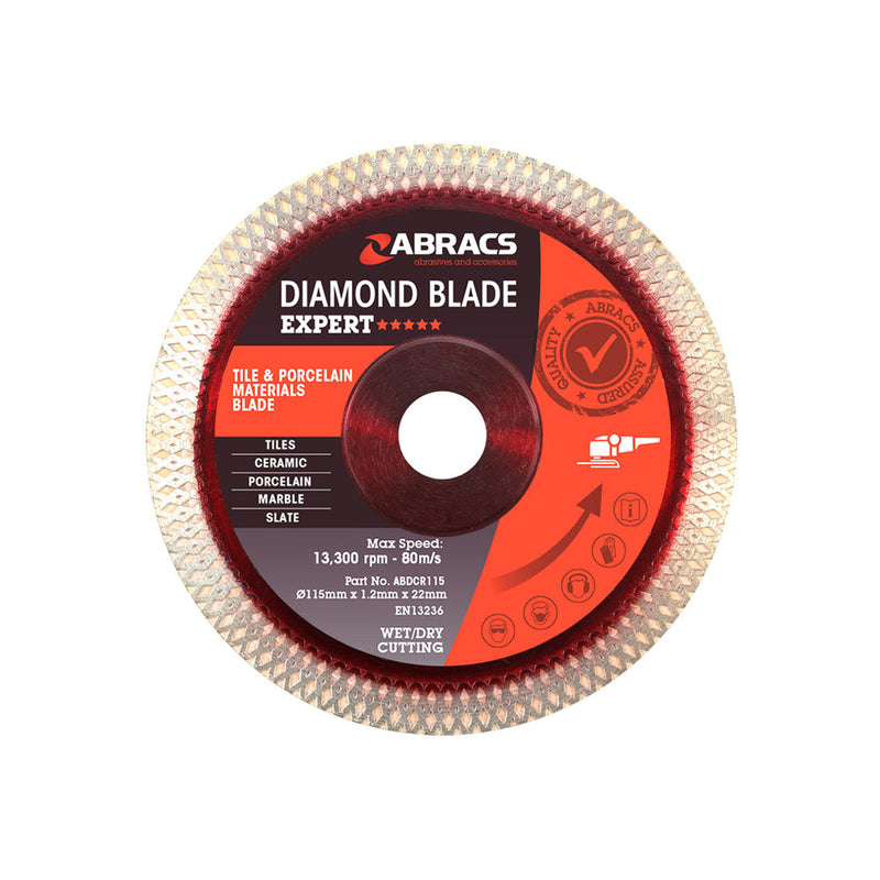 Abracs 115mm continuous rim diamond blade in yellow for cutting tile and porcelain.