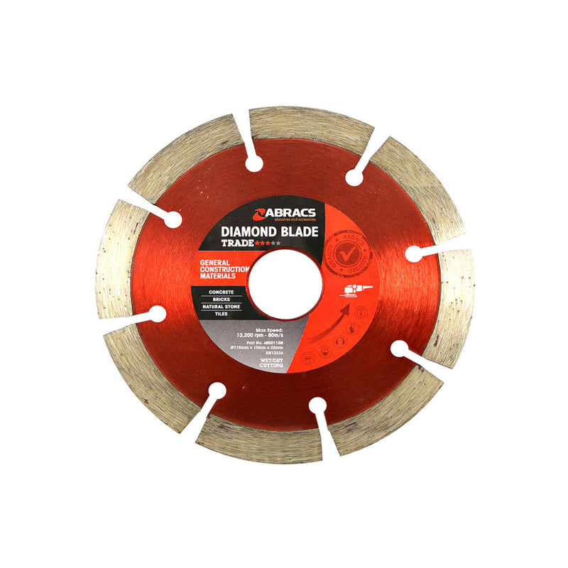 Abracs Trade 115mm segmented diamond blade for general construction material cutting.