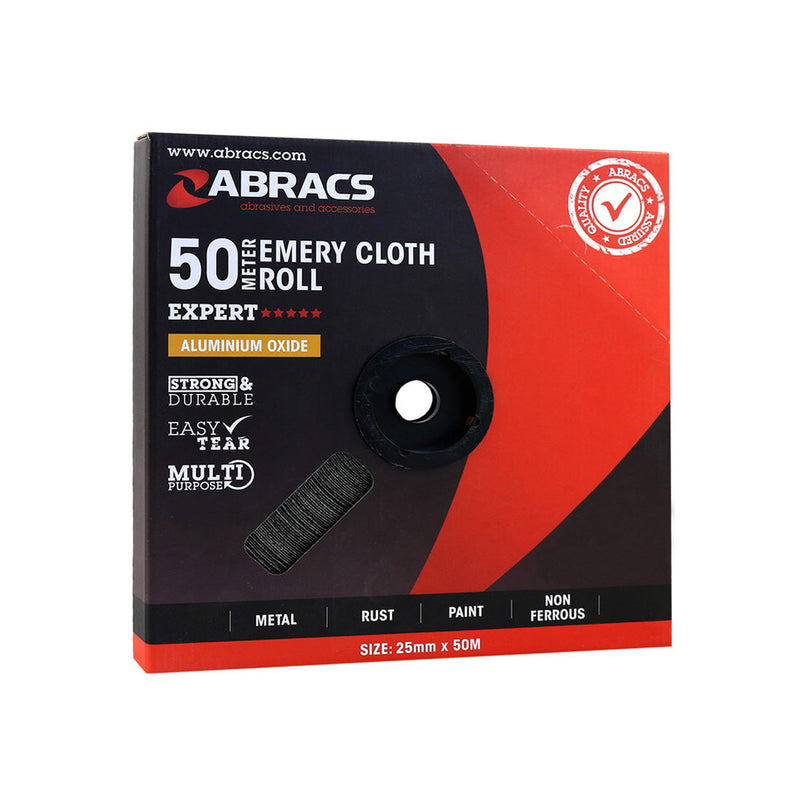 Fine-finishing 180 grit emery cloth roll by Abracs, 25mm wide and 50 meters long.