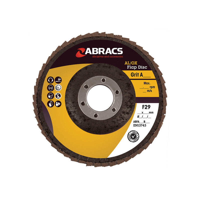 A 60 grit, 115mm aluminium oxide flap disc by Abracs for grinding and finishing.