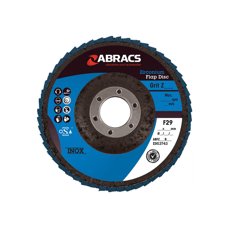 Blue 125mm zirconium flap disc from Abracs, 80 grit, for surface blending.