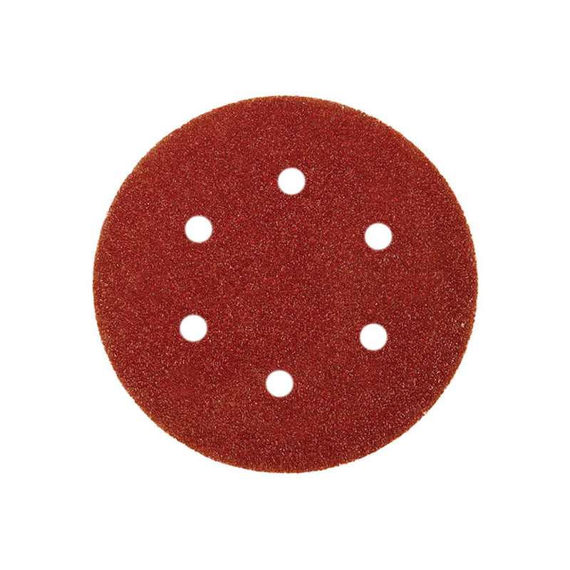 Close-up on the fine 180 grit surface of an Abracs 150mm, 6-hole sanding disc.