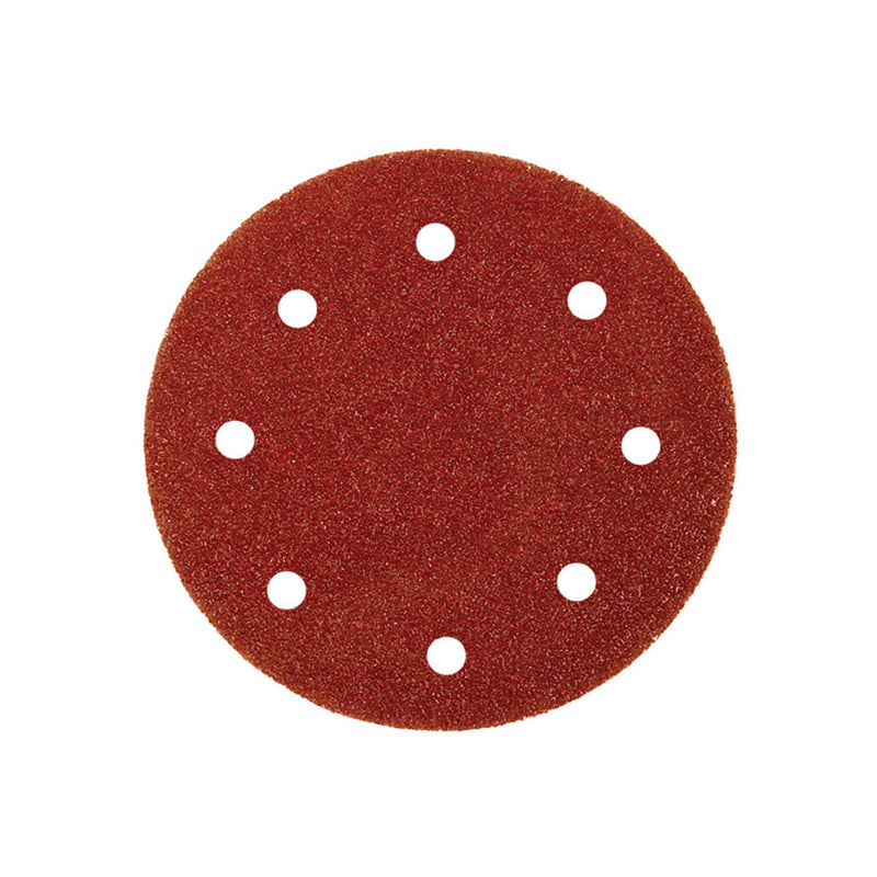 Angled view of an Abracs 125mm, 8-hole sanding disc showing its 120 grit texture.