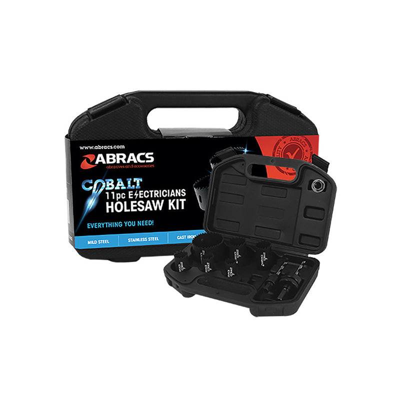 Abracs 11-piece electrician's hole saw kit in a red case with various sizes.
