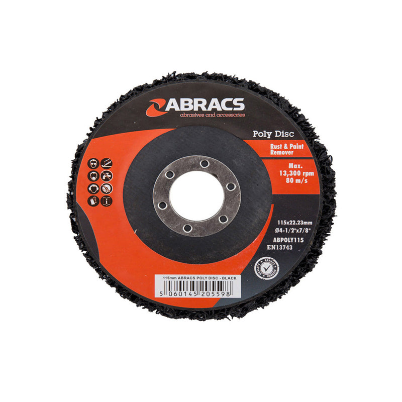 Abracs 115mm black poly disc for aggressive paint and rust stripping from surfaces.