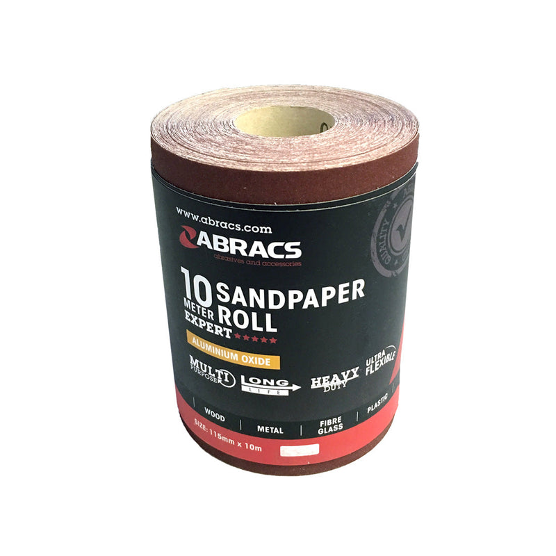 Close-up of an Abracs 115mm x 10m sandpaper roll with an 80 grit surface.