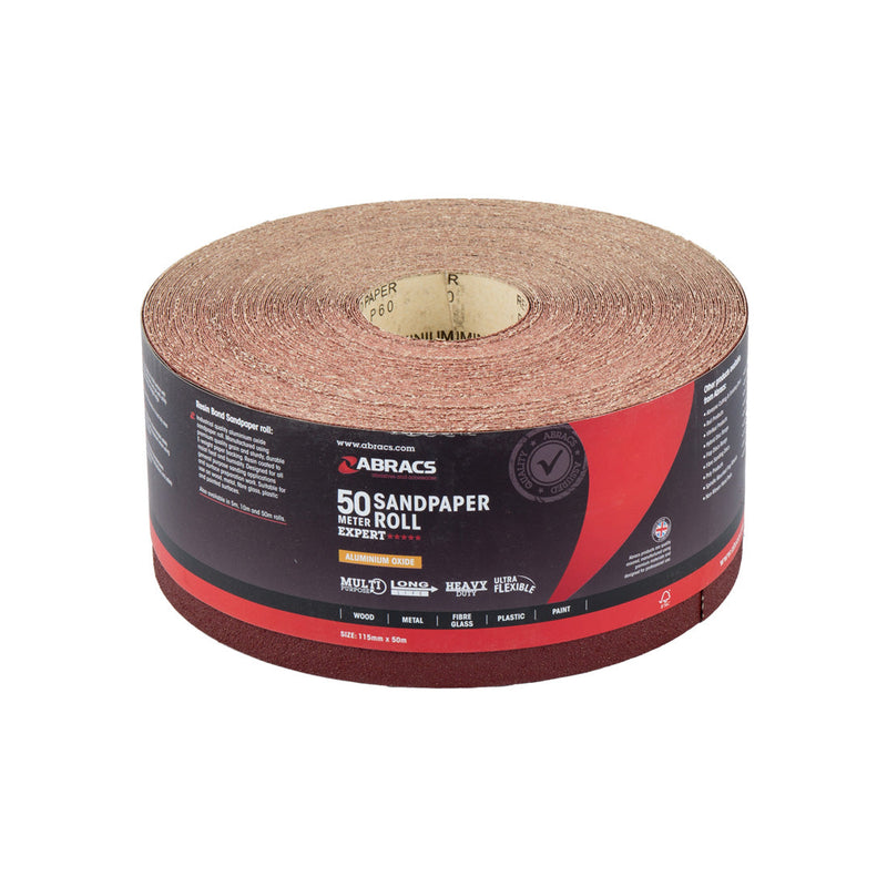 115mm x 50m workshop roll of Abracs general-purpose sandpaper in 60 grit.