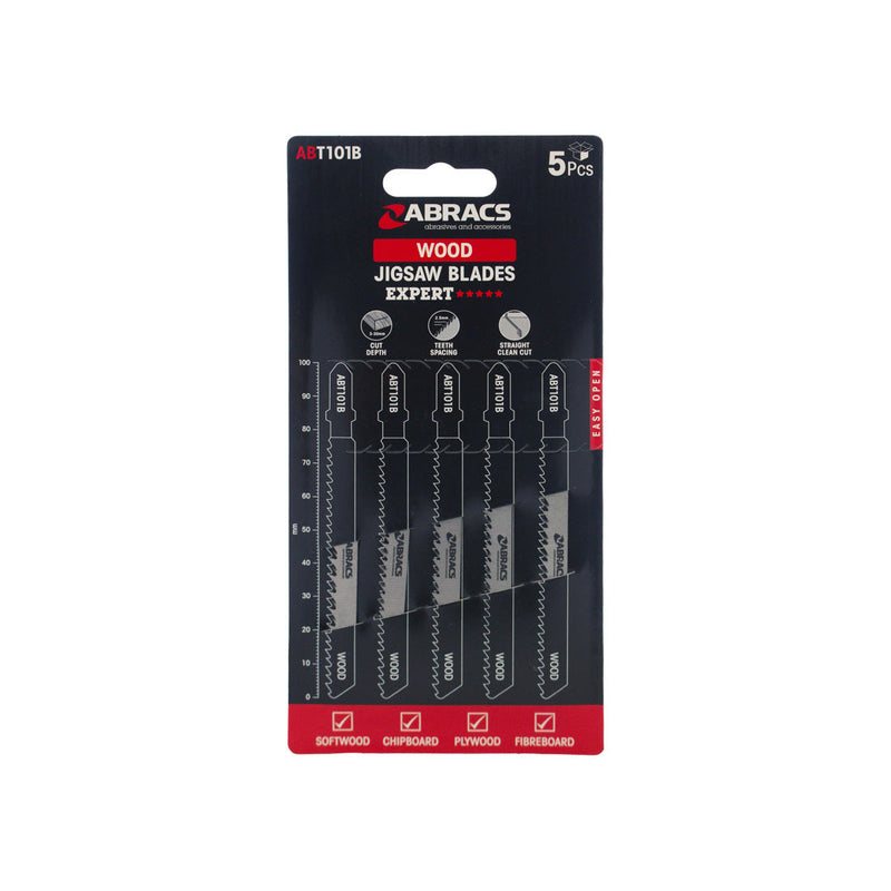 Pack of 5 Abracs jigsaw blades with 27mm teeth, designed for clean wood cutting.