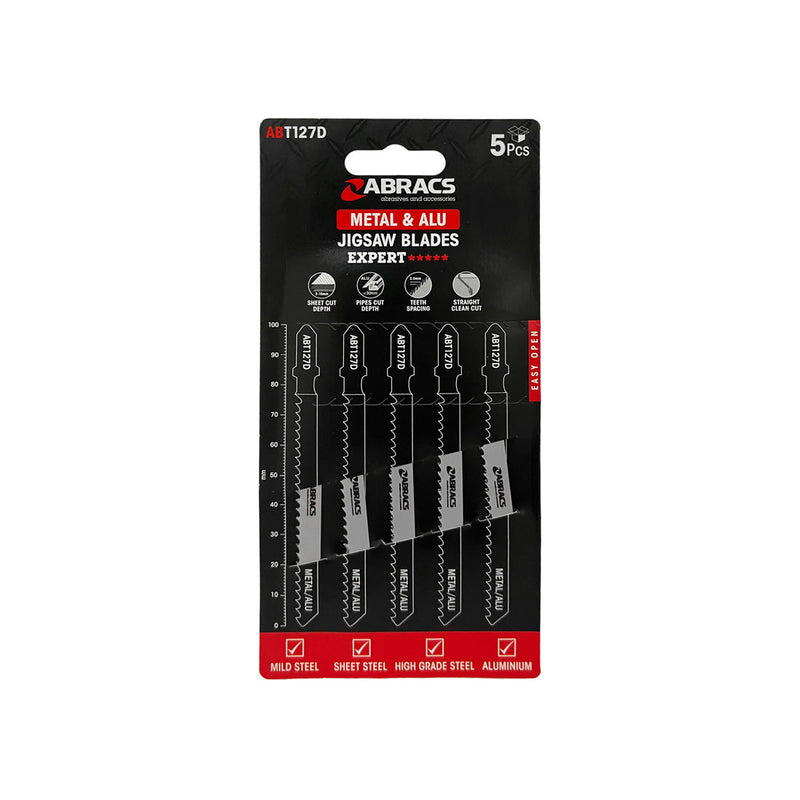 5-pack of Abracs jigsaw blades with 3.0mm teeth for cutting aluminium and metal.
