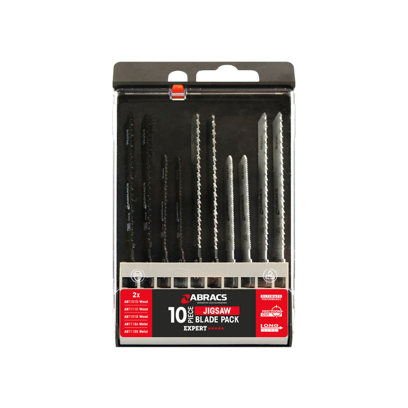 Abracs 10-piece mixed jigsaw blade set for various wood and metal applications.