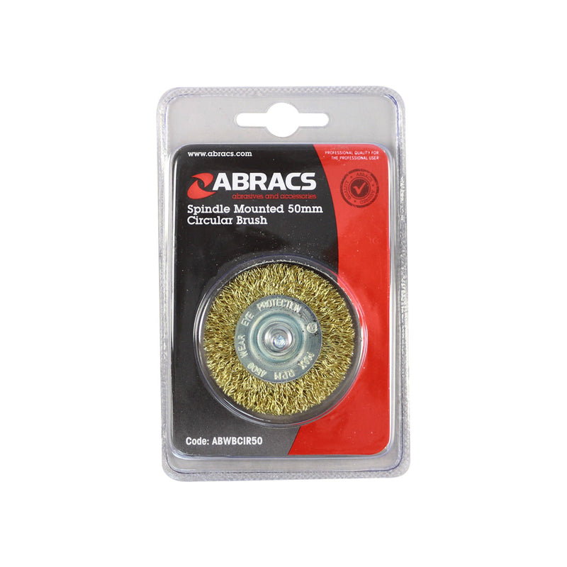 50mm spindle-mounted circular wire brush with brass-dipped steel bristles.