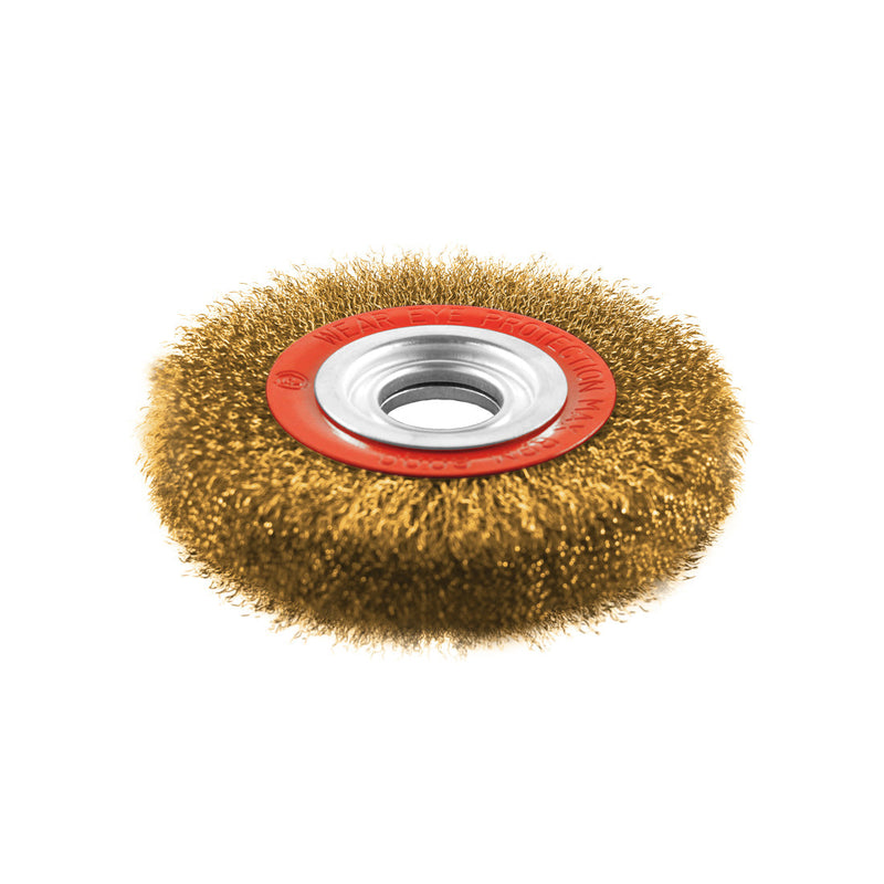 Abracs 150x20mm wide-faced bench grinder wire brush for surface preparation.