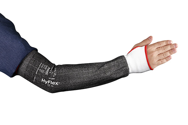 Ansell HyFlex 11-281 12-inch wide black and white protective sleeve with thumbhole.