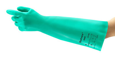 Green Ansell AlphaTec Solvex 37-185 chemical resistant gauntlet glove.