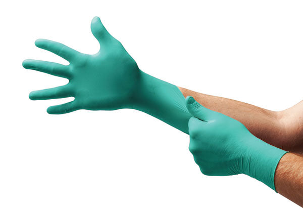 A single green Ansell Touch-N-Tuff 92-500 disposable nitrile glove.