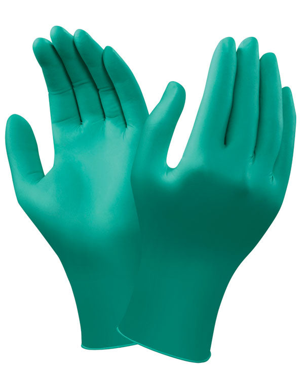 A green Ansell Touch-N-Tuff 92-600 disposable nitrile glove, palm view.