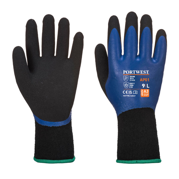 A pair of blue and black Portwest Thermo Pro gloves.