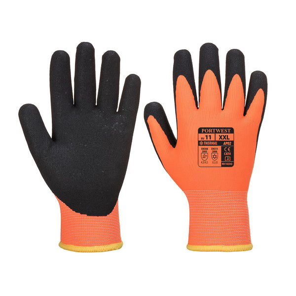 A pair of orange and black Portwest Thermo Pro Ultra gloves.