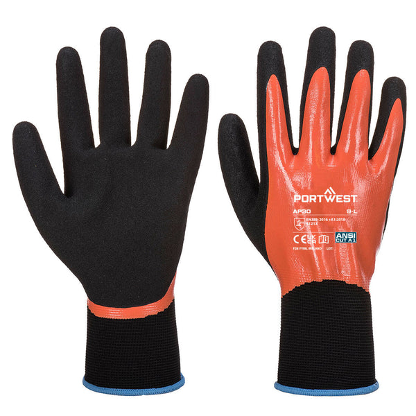 Portwest AP30 black foam nitrile palm gloves with glossy orange backs and blue cuff trim, size 9L