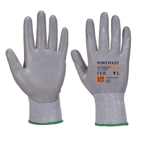 A pair of grey and black Portwest Senti-Cut Lite gloves.