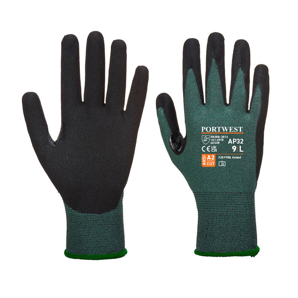 A pair of grey and black Portwest Dexti-Cut Pro gloves.