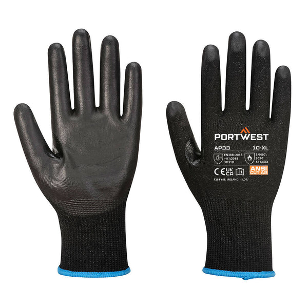 A pair of grey and black Portwest LR15 PU touchscreen gloves.