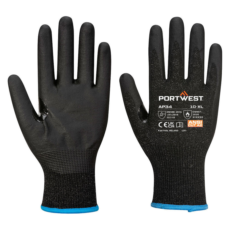 A pair of grey and black Portwest LR15 nitrile foam touchscreen gloves.